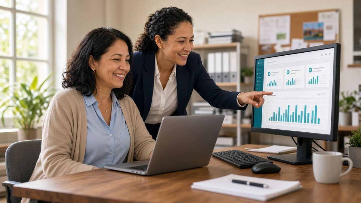 El mismo equipo de oficina sonriendo frente a una pantalla moderna con una aplicación web clara y ordenada.