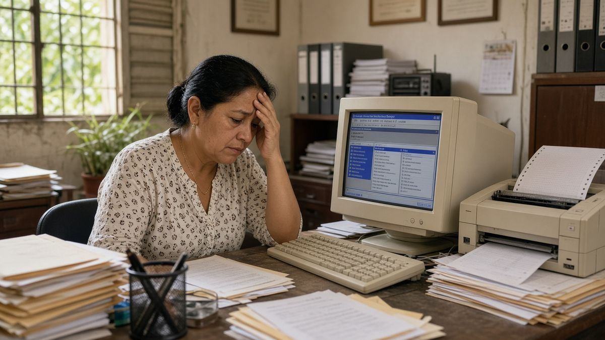 Empleada de oficina preocupada frente a un monitor antiguo con un programa de DOS en pantalla verde, rodeada de carpetas y papeles.